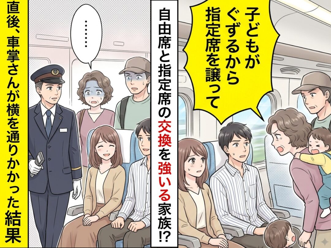 「子どもがぐずるから指定席を譲って」自由席なのに席をねだる家族！？だが直後⇒車掌さんが横を通りかかった結果