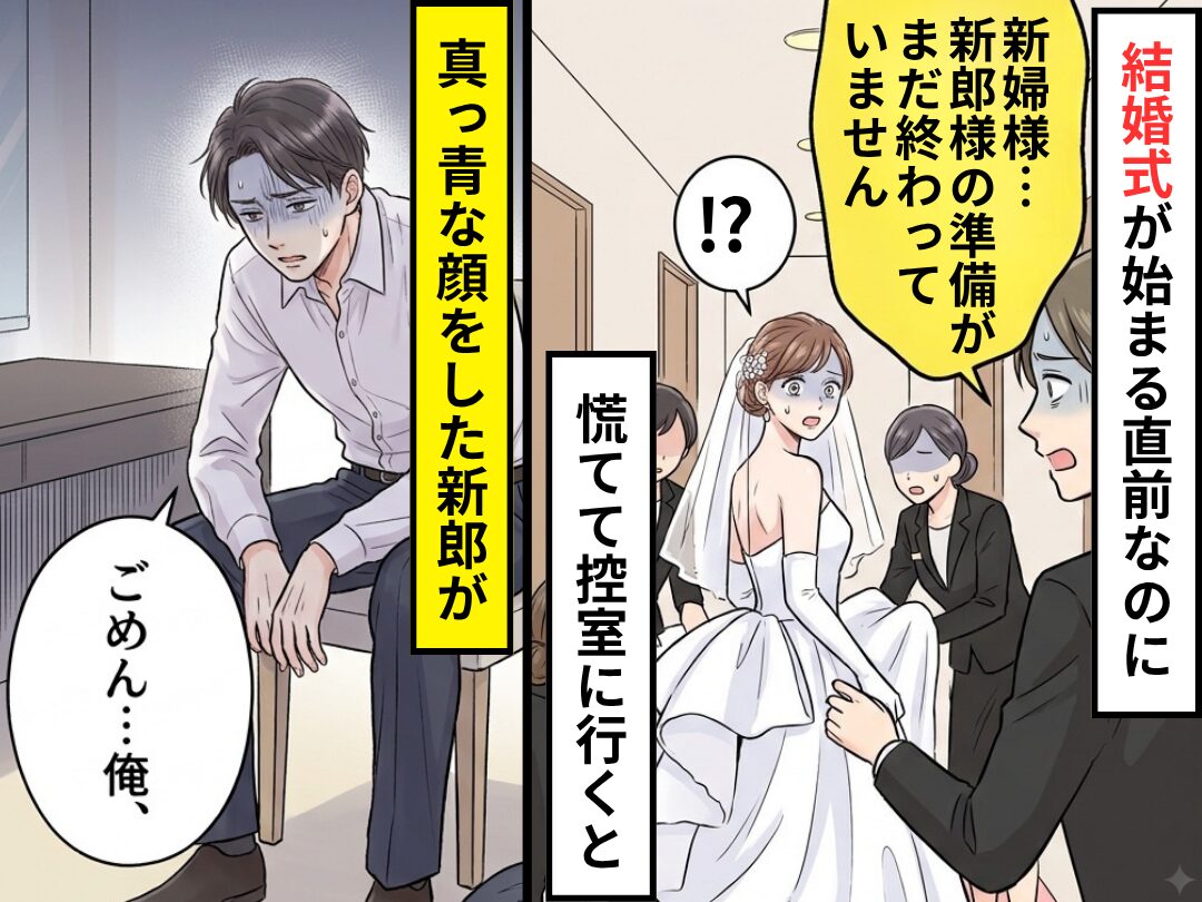 結婚式が始まる直前なのに…新郎の準備が終わっていない！？慌てて控室に行くと⇒真っ青な新郎「ごめん…俺、」