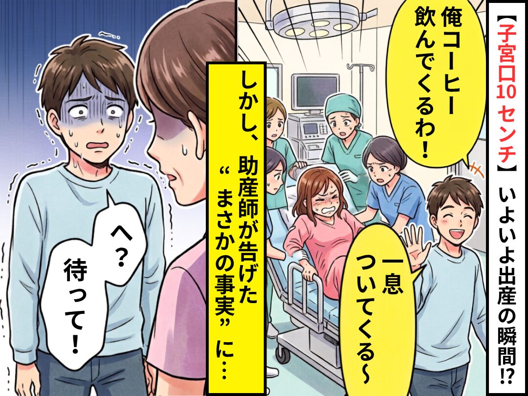 【子宮口10センチ】いよいよ出産の瞬間、夫「俺コーヒー飲んでくるわ！」しかし⇒助産師の一言を聞き…夫「へ？そんな…」