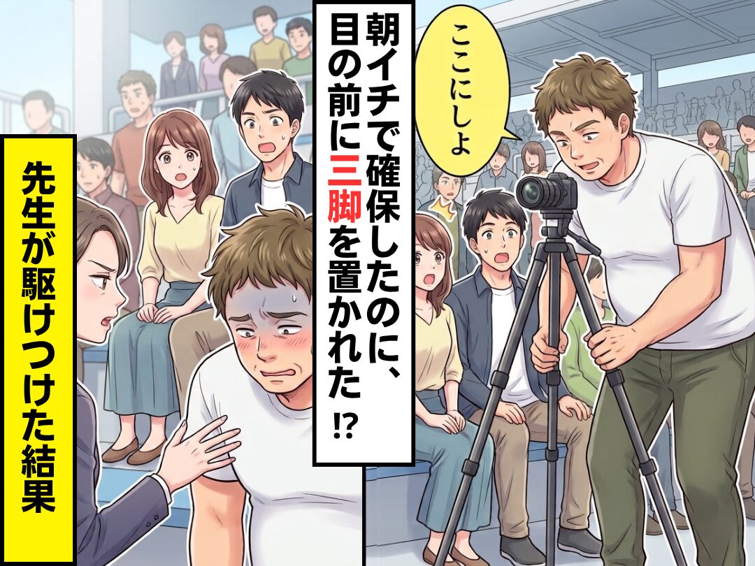 運動会で朝イチで席をとるが…「ここにしよ」目の前に三脚を置かれた！？だがその後⇒先生が駆けつけた【結果】