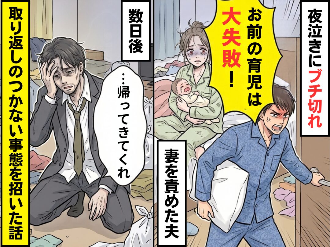 「お前の育児は大失敗！」夜泣きにブチ切れ“妻を”責めた夫！数日後⇒取り返しのつかない事態を招いた話