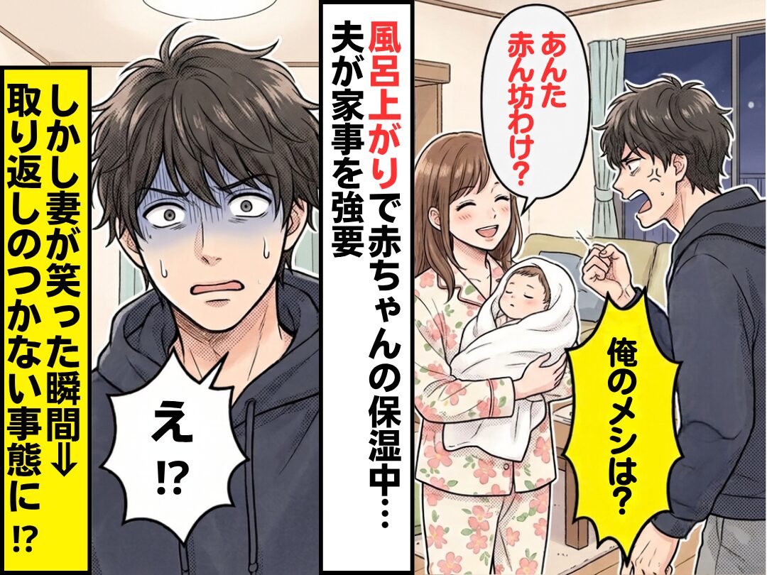 風呂上がりで赤ちゃんの保湿中…夫「俺のメシは？」しかし「あんた赤ん坊なわけ？」妻が笑った瞬間⇒取り返しのつかない事態に！？