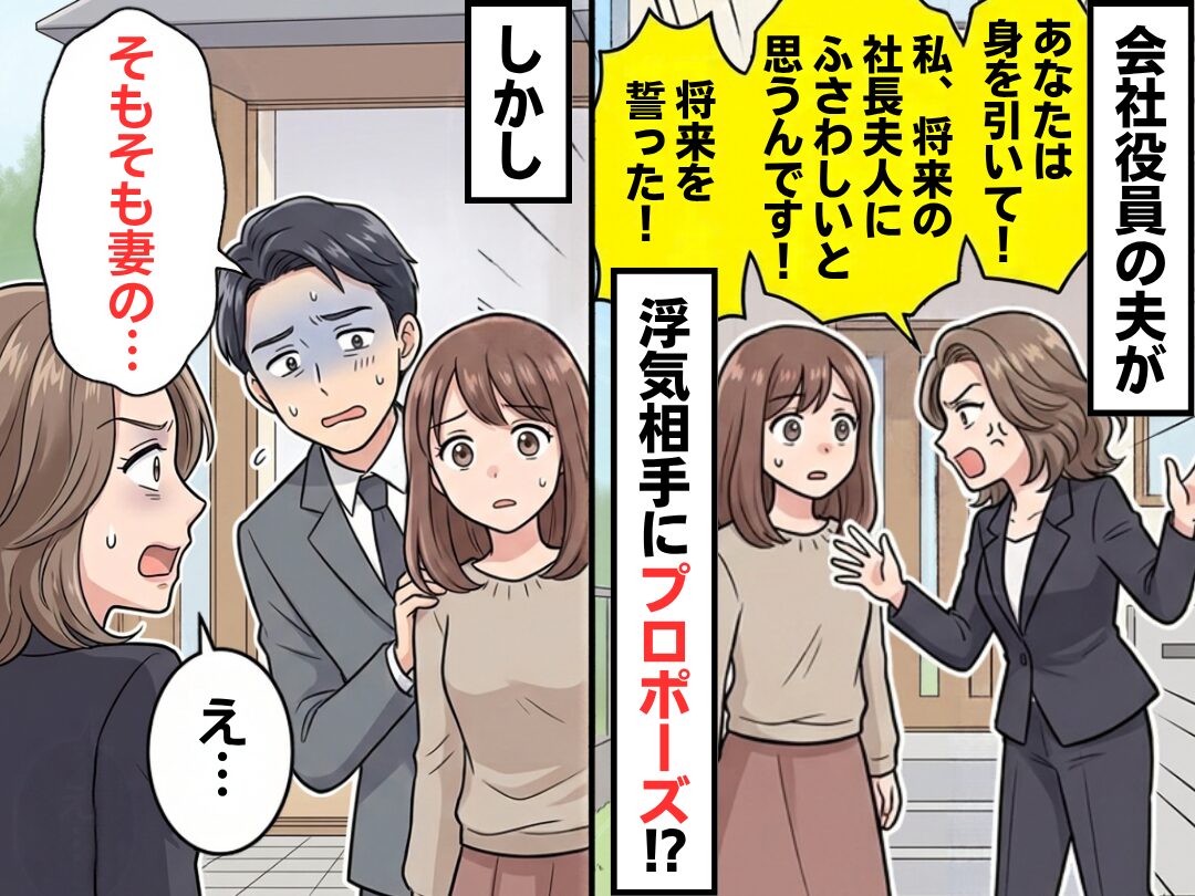 会社役員の夫が“浮気相手に”プロポーズ！？「あなたは身を引いて！」しかし⇒夫「そもそも妻の…」浮気相手「え…」