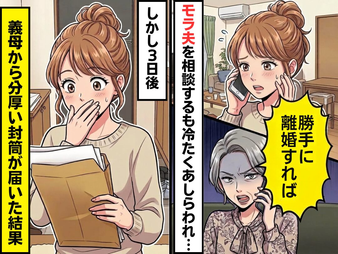 モラ夫を義母に相談すると…「勝手に離婚すれば」冷たくあしらわれた！？しかし3日後⇒義母から【分厚い封筒】が届いた結果