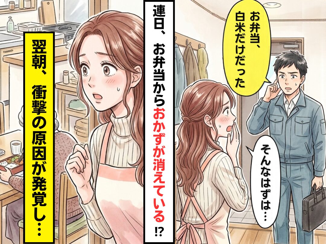 夫「お弁当、白米だけだった」妻「そんなはずは…」お弁当からおかずが消えた！？翌朝⇒衝撃の【原因】が発覚した話