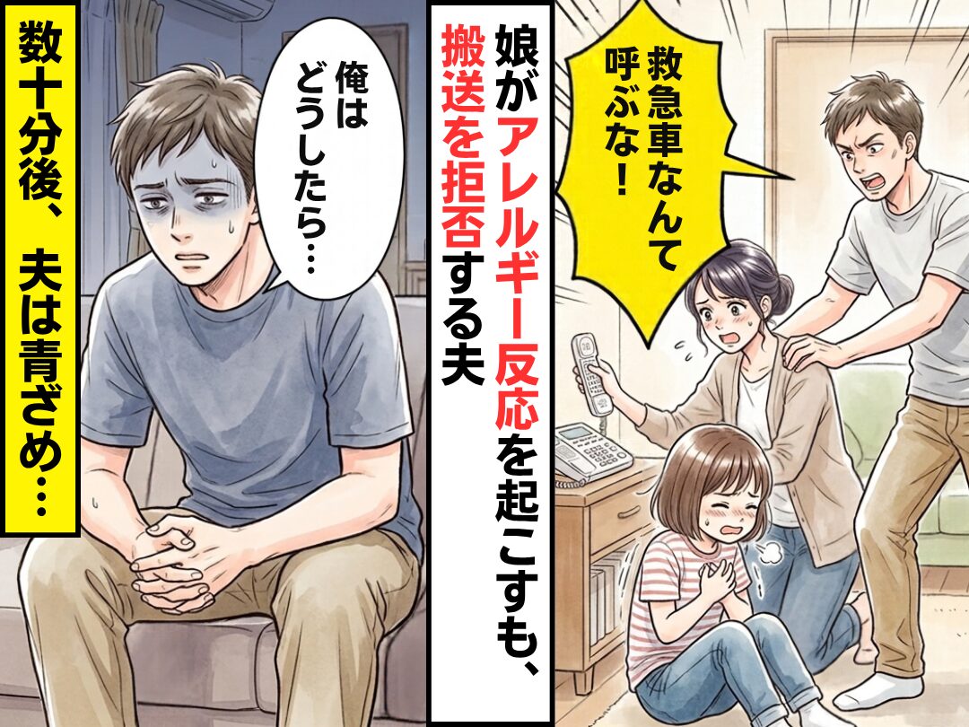 アレルギーで娘の呼吸が変なのに…夫「救急車なんて呼ぶな！」搬送を拒否！？数十分後⇒「俺はどうしたら…」夫が青ざめたワケ