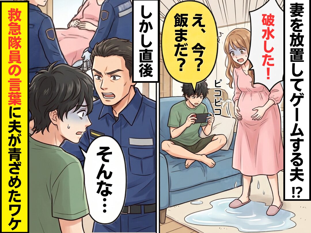 「飯まだ？」破水した妻を放置してゲームする夫！？しかし直後⇒救急隊員の言葉に「そんな…」夫が青ざめたワケ