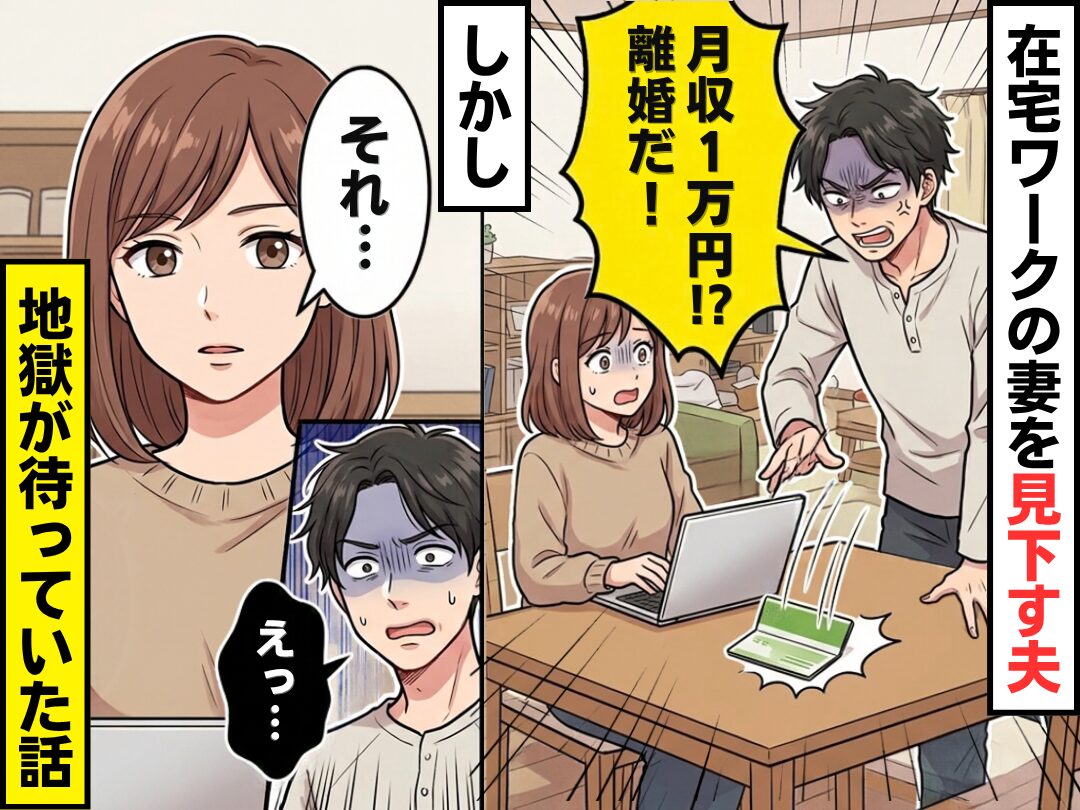 在宅ワークの妻を見下し…夫「月収1万円！？離婚だ！」しかし「それ…」⇒夫「えっ…」地獄が待っていた話