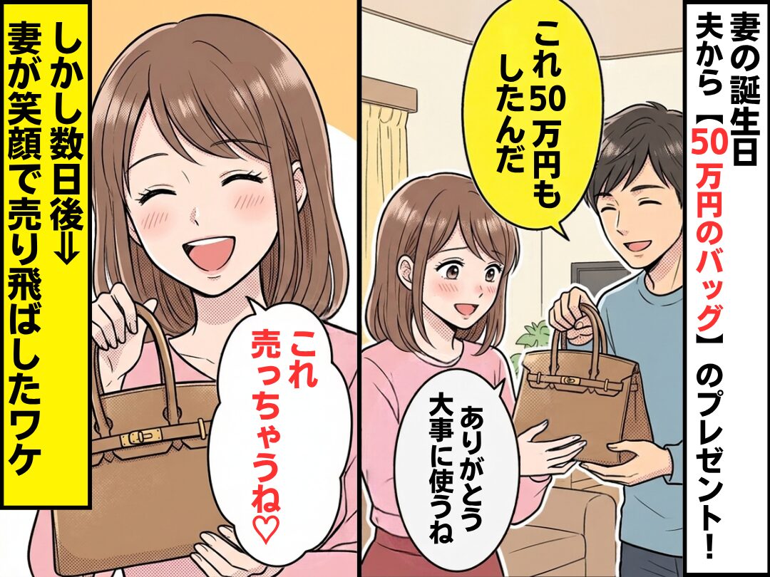 妻の誕生日…夫から【50万円のバッグ】のプレゼント！しかし数日後⇒「これ売っちゃうね♡」妻が“笑顔で”売り飛ばしたワケ