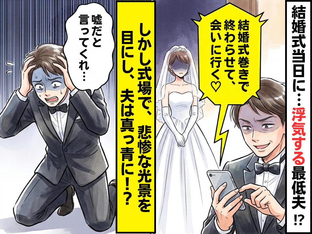 「結婚式巻きで終わらせて、会いに行く♡」最低な浮気夫。しかし式場で⇒悲惨な光景を目にし、夫「嘘だと言ってくれ…」