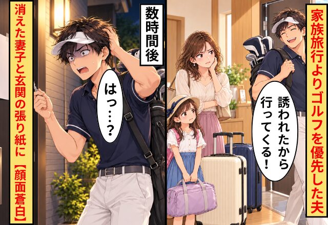 「誘われたから！」家族旅行よりゴルフを優先した夫！数時間後⇒消えた妻子と玄関の張り紙に【顔面蒼白】したワケ