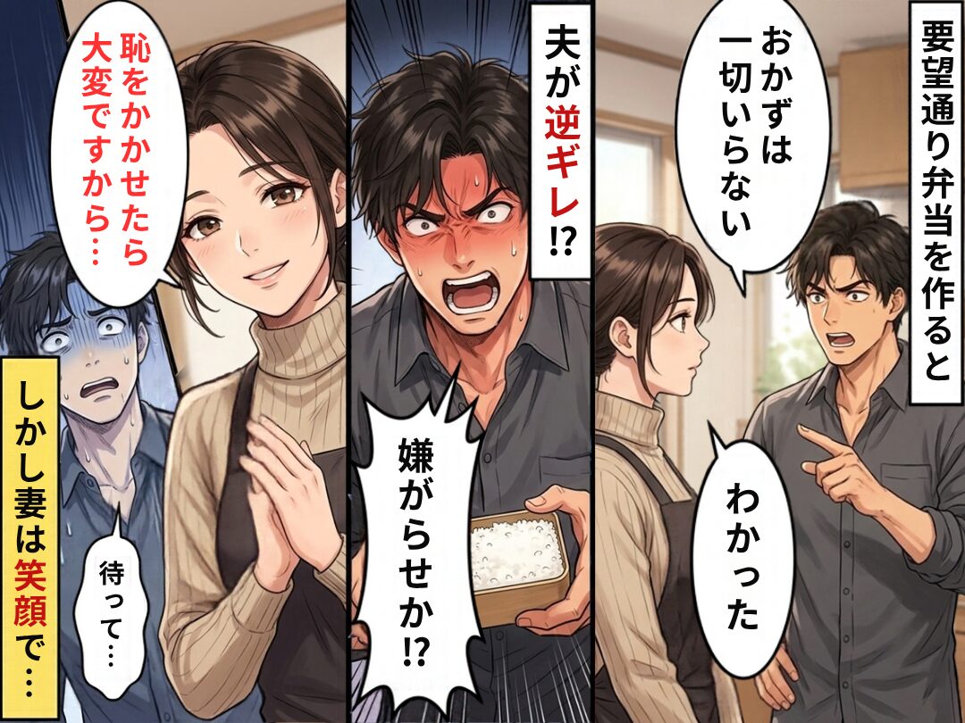 夫「おかずは一切いらない」要望通り弁当を作ると「嫌がらせか？」逆ギレ！？⇒妻は笑顔で「恥をかかせたら大変ですから…」夫「待って…」
