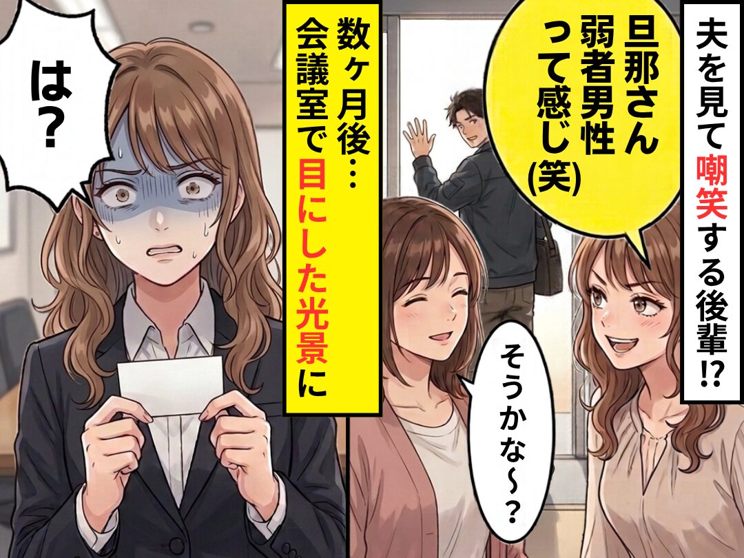 後輩女「旦那さん弱者男性って感じ（笑）」妻「そうかな～？」数ヶ月後⇒会議室で“目にした光景”に…後輩女「は？」
