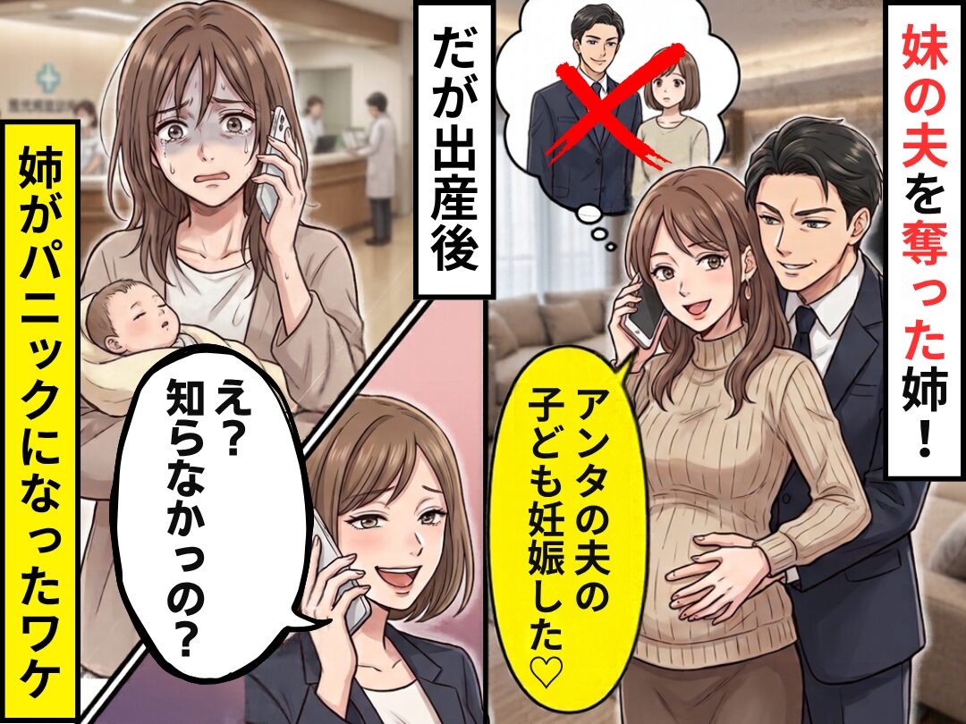 「アンタの夫の子ども妊娠した♡」妹の夫を奪った姉！だが出産後⇒妹「え？知らなかったの？」姉がパニックに！？