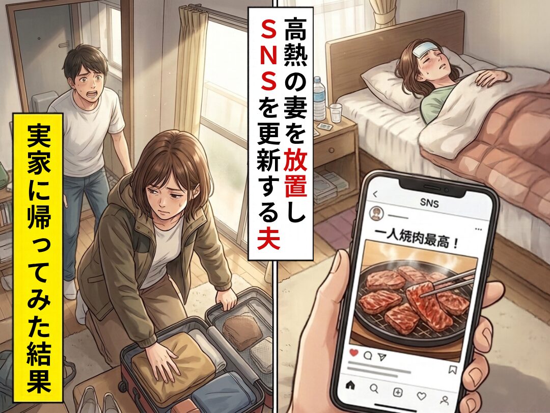 妻が39度の熱なのに…夫「1人焼肉最高！」放置してSNSを更新！？翌日⇒夫を捨て実家に帰った【結果】
