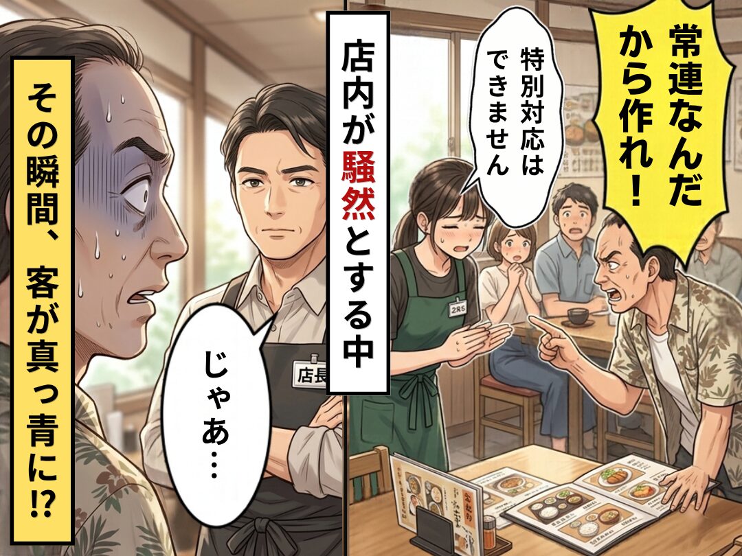 客「常連なんだから作れ！」店員「特別対応はできません」店内が騒然とする中⇒店長「じゃあ…」その瞬間、客が真っ青に！？