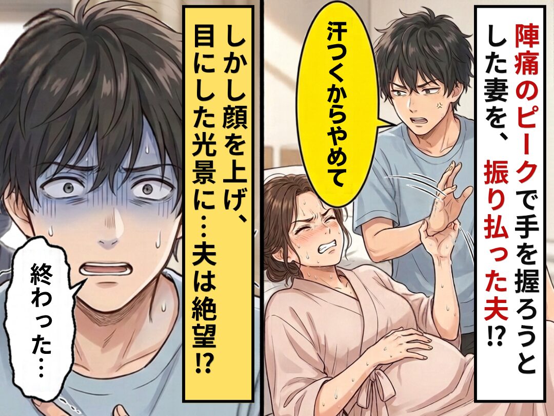 「汗つくからやめて」陣痛のピークで手を握る妻を、振り払った夫！？しかし顔を上げ⇒目にした光景に…夫「終わった…」