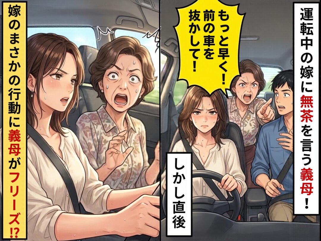 「もっと早く！前の車を抜かして！」運転中の嫁に無茶を言う義母！しかし直後⇒嫁のまさかの行動に義母がフリーズ！？