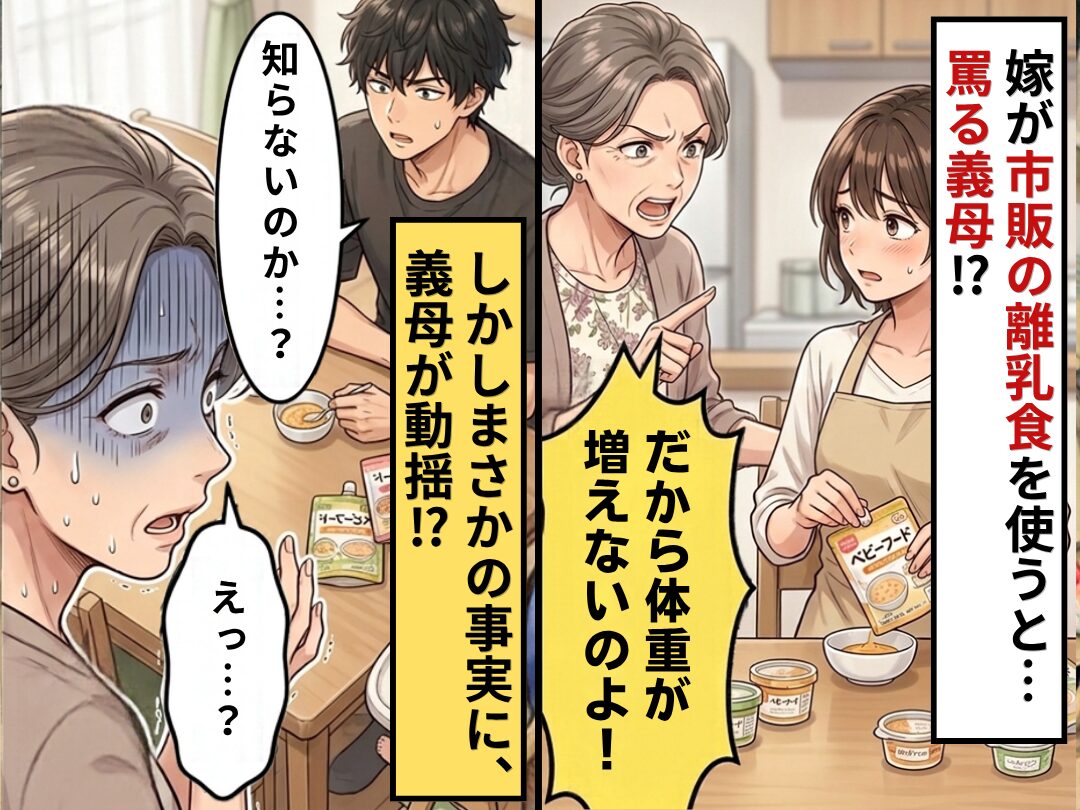 嫁が市販の離乳食を使うと…義母「だから体重が増えないのよ！」しかし⇒夫「知らないのか…？」まさかの事実に、義母「へ？」