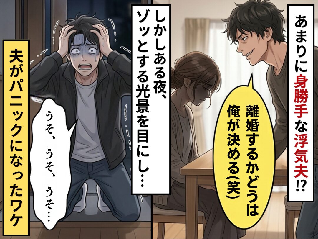 「離婚するかどうかは俺が決める（笑）」身勝手な浮気夫！？しかしある夜⇒ゾッとする光景を目にし…夫「うそ、うそ、うそ…」