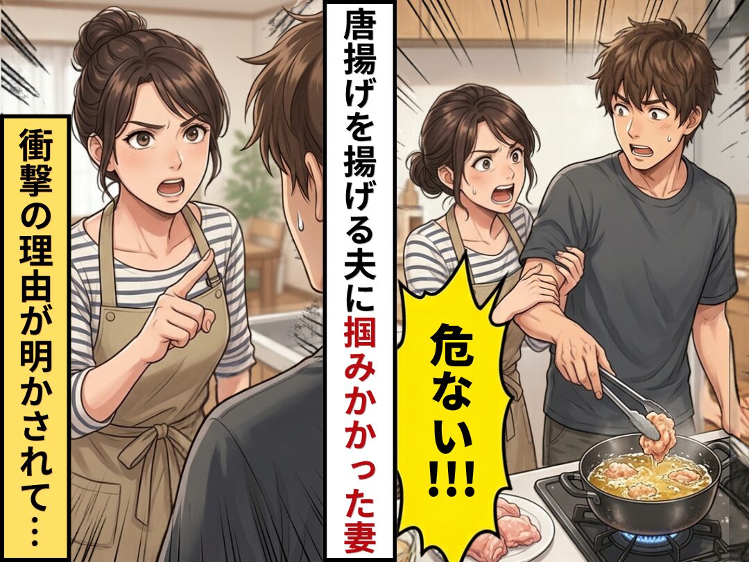 唐揚げを作ろうとした夫に…妻「危ない！！！」掴みかかった！？しかし直後⇒衝撃の【理由】が明かされた結果