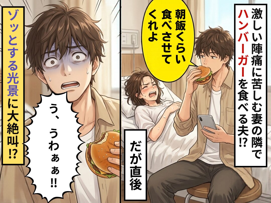 陣痛で苦しむ妻を横目に【ハンバーガー】を食べる夫！？しかし直後⇒ゾッとする光景を目にし、夫「う、うわぁぁ！！」