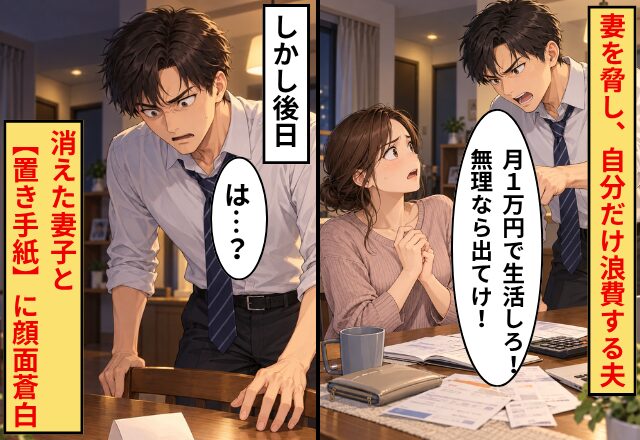 「月1万円で生活しろ！無理なら出てけ！」妻を脅し、自分だけ浪費する夫。しかし後日⇒消えた妻子と【置き手紙】に顔面蒼白！