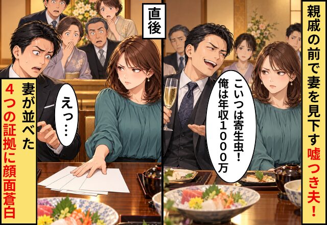 親戚の前で「こいつは寄生虫！俺は年収1000万」妻を見下す嘘つき夫！直後⇒夫「えっ…」妻が並べた【4つの証拠】に顔面蒼白