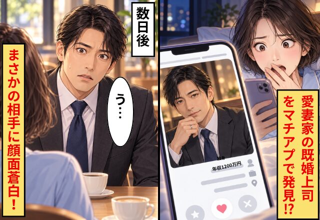 【独身・年収1200万円】愛妻家の既婚上司をマチアプで発見！？数日後⇒カフェで待っていた【まさかの相手】に顔面蒼白！