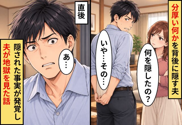 妻「何を隠したの？」“分厚い何か”を背後に隠す夫「いや…その…」直後⇒隠された【事実】が発覚し、夫が地獄を見た話