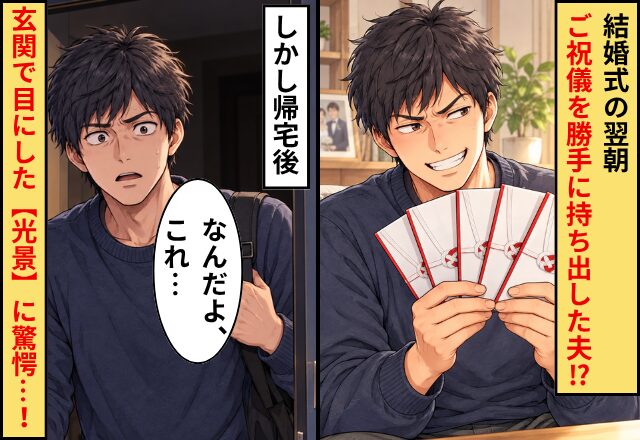 結婚式の翌朝、ご祝儀を勝手に持ち出した夫！？しかし帰宅後⇒夫「なんだよ、これ…」玄関で目にした【光景】に驚愕…！