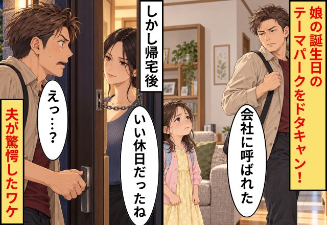夫「会社に呼ばれた」娘の誕生日のテーマパークをドタキャン！しかし帰宅後⇒妻「いい休日だったね」夫「えっ…？」